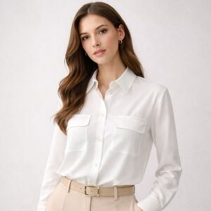 Classic Button-Down Pocket Viscose Blouse in White